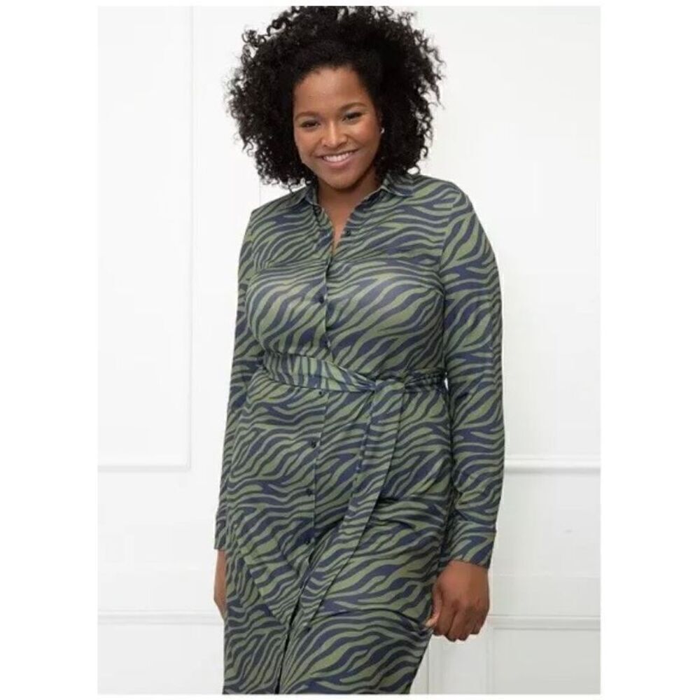 Eloquii Zebra Print MIDI Shirt Dress Green Blue Tie Waist Button Up Womn Plus 20